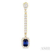 6x4 MM Emerald Cut Sapphire and 7/8 ctw Round Cut Diamond Halo Precious Earrings in 14K Yellow Gold